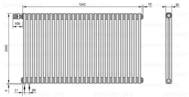 Схема (чертеж) Радиатор Zehnder Charleston 2250/27 №V001 Белый глянцевый RAL 9016